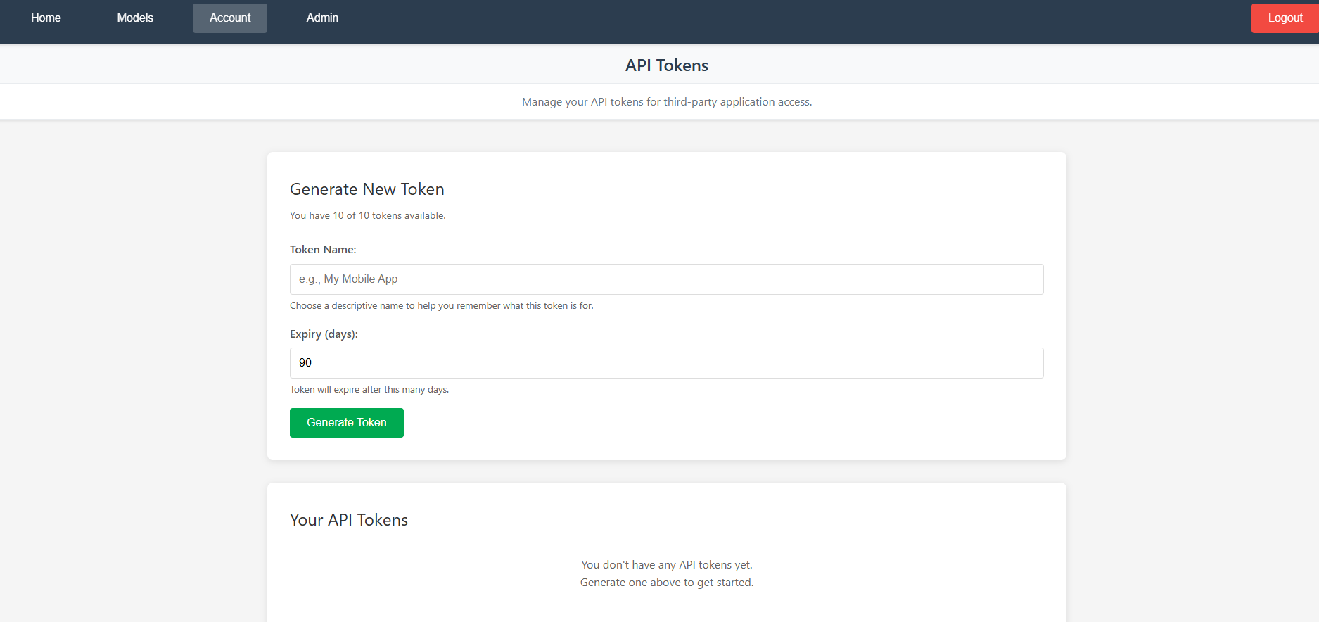 API token management interface