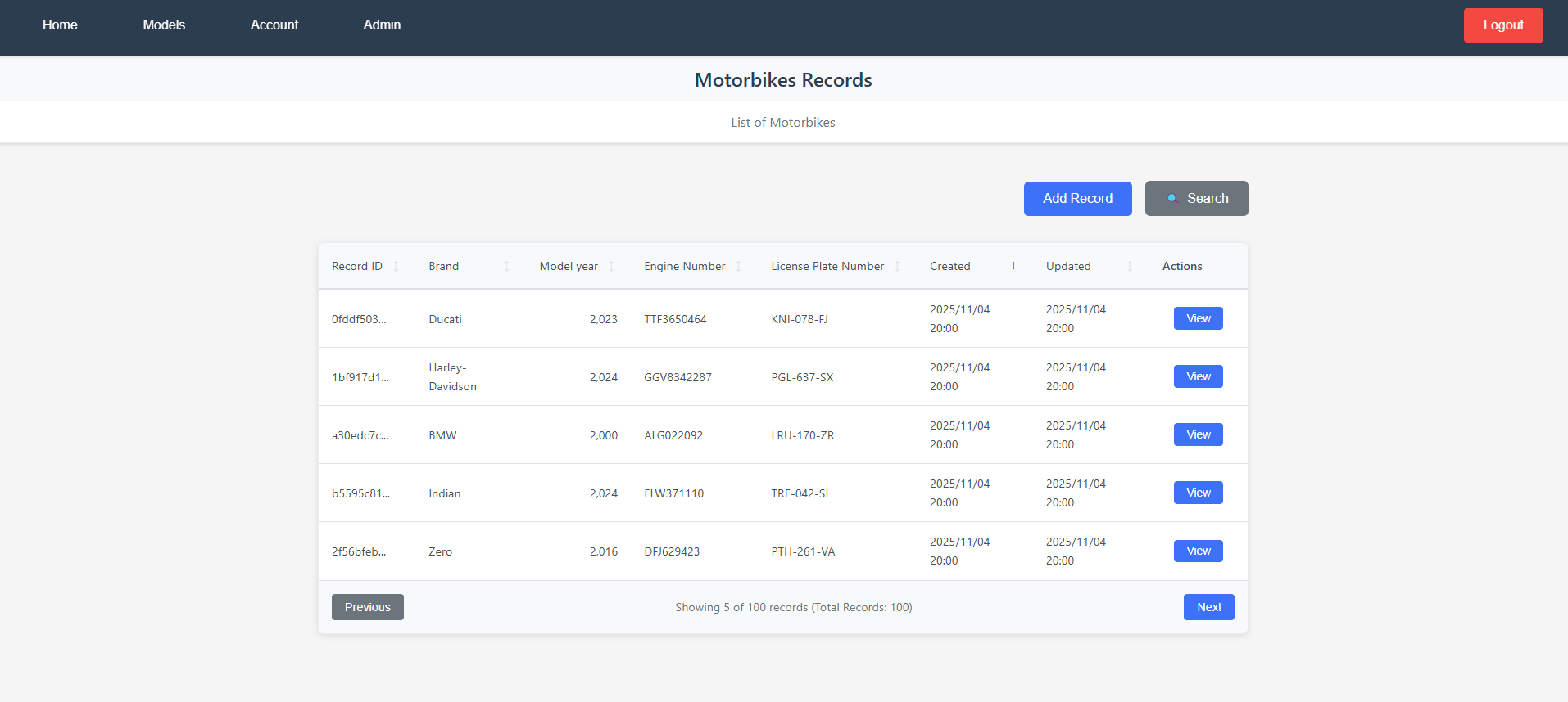 Records listing view showing data entries