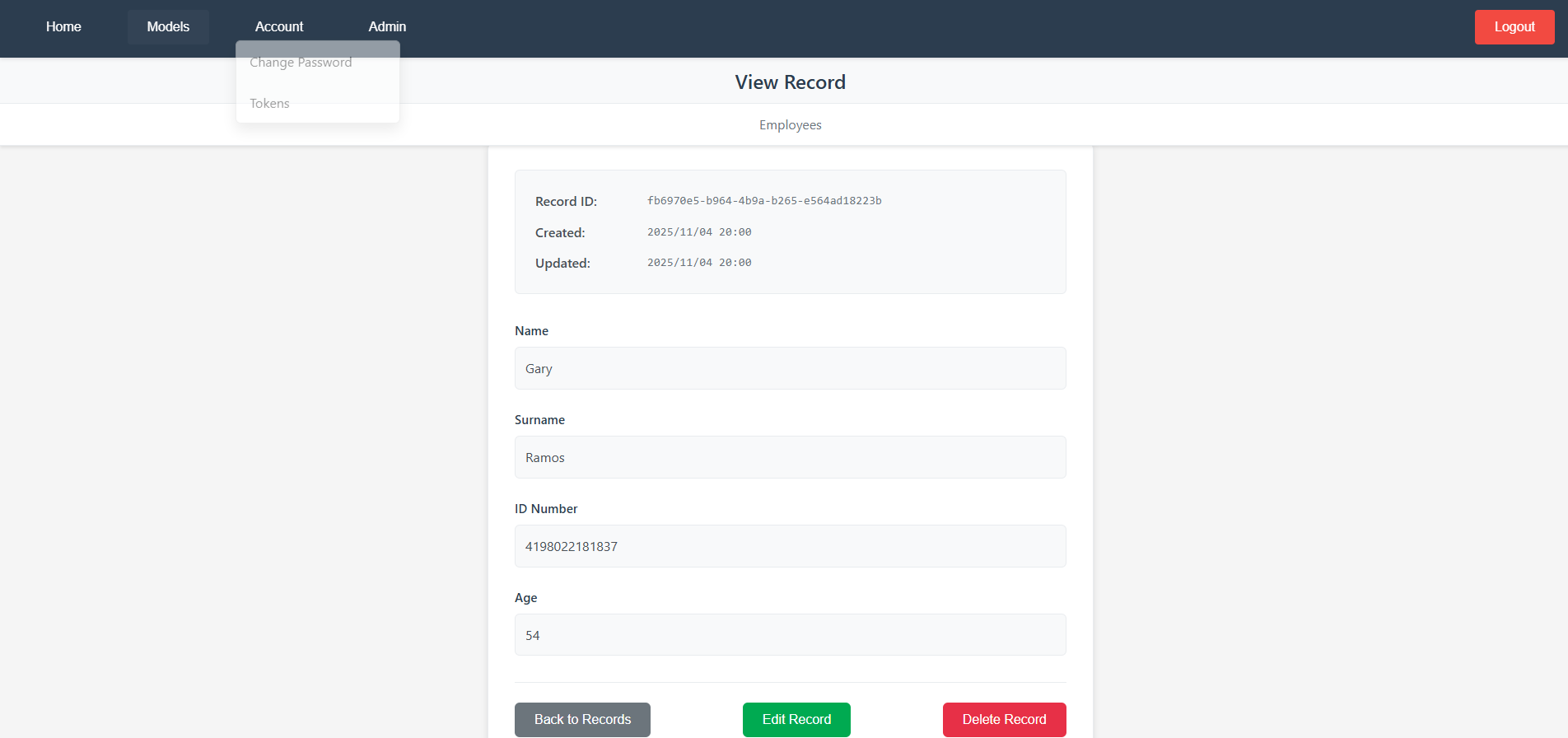 Detailed view of a single record